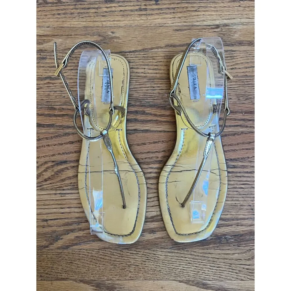 PRADA Milano Gold Strap Flat Sandals Shoes  Women's Size EU 38 US 7.5